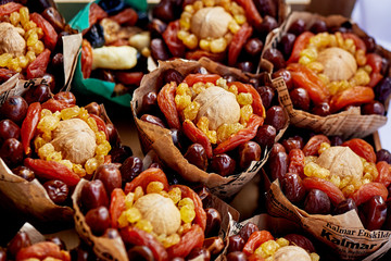 Gift bouquets of dried fruits. Compliment guests at the wedding. Vegetarianism