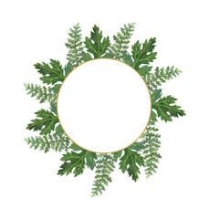 Watercolor botanical frame. Template for a wedding invitation. Tender spring flowers, greens, branches. Greeting card. Golden frame. Spring bouquet, garden greens. Rustic wedding.