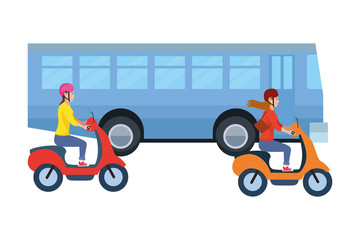 Vehicles and motorcycles with drivers riding