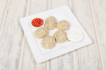 Manty's national Kazakh dish, dough with meat and pumpkin, steamed