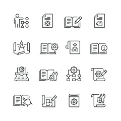 Technical documentation related icons: thin vector icon set, black and white kit