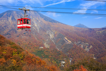 Cable car with leaves turning color on high mountain in Akechidaira Ropeway Station - Nikko, Japan