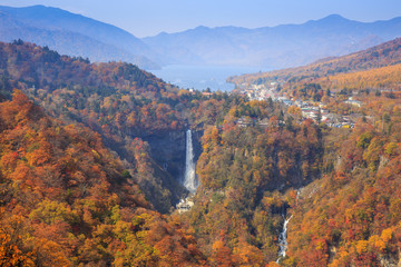 Kegon Falls with leaves turning color from Akechidaira Ropeway viewpoint  - Nikko, Japan