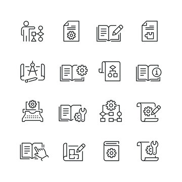 Technical Documentation Related Icons: Thin Vector Icon Set, Black And White Kit