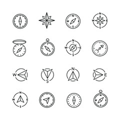 Compass related icons: thin vector icon set, black and white kit