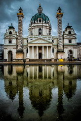 Karlskirche Cathedral in Vienna on a rainy summer day