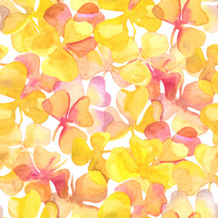 Watercolor clover leaves autumn colors pattern on white background. Hand drawn watercolor illustration. Design for covers, packaging, textile and wallpepers, raster.