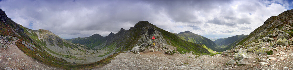 Fototapeta na wymiar Panorama 360 z Przełęczy Smutnej Tatry Zachodnie - widok na Rohacze, Dolinę Smutną, Dolinę Żarską i Dolinę Rohacką
