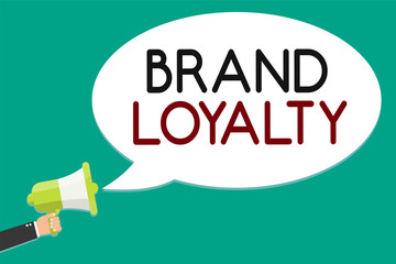 Handwriting text writing Brand Loyalty. Concept meaning Repeat Purchase Ambassador Patronage Favorite Trusted Man holding megaphone loudspeaker speech bubble message speaking loud