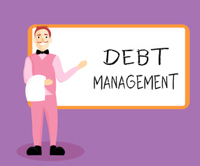 Writing note showing Debt Management. Business photo showcasing The formal agreement between a debtor and a creditor.
