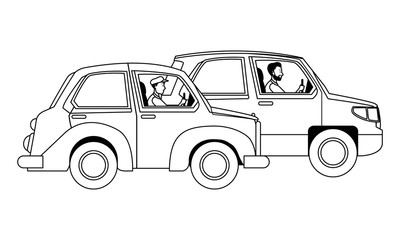 People driving vehicles in the traffic in black and white