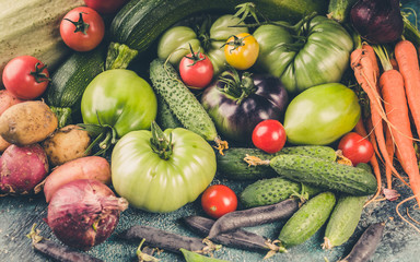 Autumn harvest. Fresh vegetables: Tomatoes, zucchini, potatoes, onions, carrots, beans and peas. Farm Organic Products background