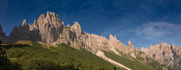 Panoramic view of towers and peaks of the Friuli Dolomites, in the morning light, in Friuli, Italy.