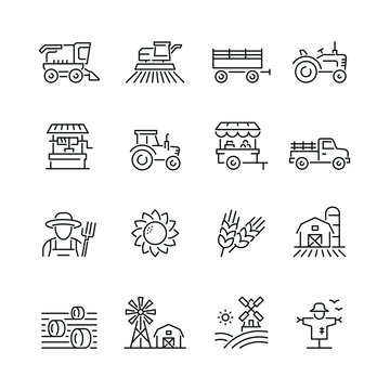Farming and agriculture related icons: thin vector icon set, black and white kit