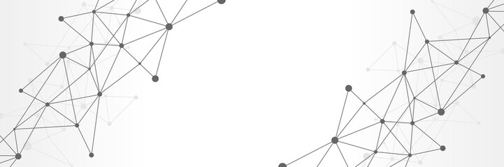 Black and white abstract futuristic crypto blockchain illustration. Grey dots and shapes in triangles for website header or banner design