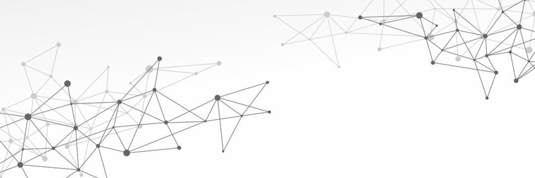 Black and white abstract futuristic crypto blockchain illustration. Grey dots and shapes in triangles for website header or banner design