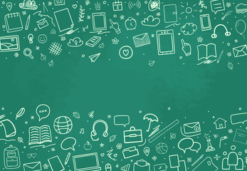 Back to school. Set of different signs. Abstract blackboard. Sketchy background with hand drawn school supplies. Banner design