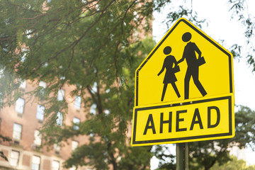 Pedestrian crossing sign with blurred background