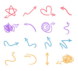 Colored infographic elements isolated on white. Set of sketchy indicator signs. Hand drawn simple pointers. Line art. Abstract arrows. Symbols for work