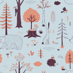 Autumn Forest seamless vector pattern. Woody landscape with Hedgehog Bear Hare creatures repeatable background. Woodland childish print in Scandinavian decorative style. Cute forest animal backdrop.