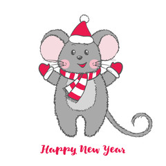 Cute Mouse character in Santa Claus hat.