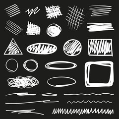 Hand drawn abstract shapes on black. Grungy hatching backgrounds with array of lines. Stroke chaotic patterns. Black and white illustration. Sketchy elements for design