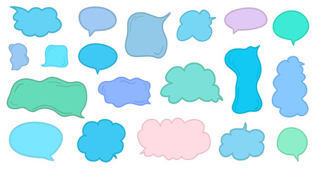 Set of hand drawn multicolored think and talk speech bubbles on white. Sketchy doodles