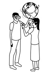 virtual reality technology experience cartoon in black and white