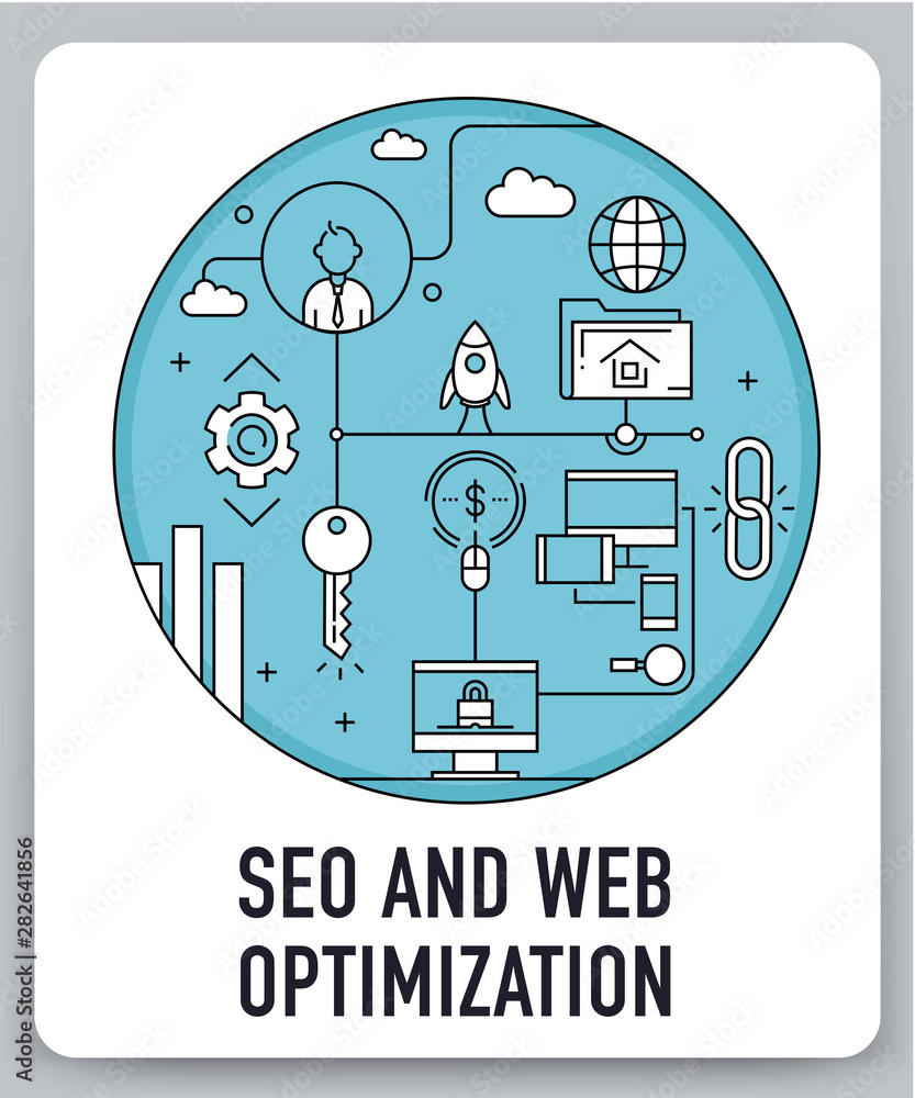 Poster seo and web optimization infographic design elements in linear style stock illustration