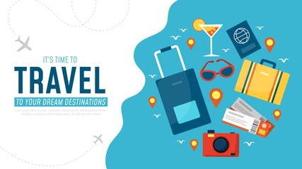 Its time to travel to your dream destination banner vector illustration. Template with sunglasses, camera, boarding pass, passport and suitcases. Tourism concept. Place for text