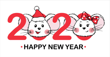 New Year and Christmas greeting card with numbers and cute Mouses.