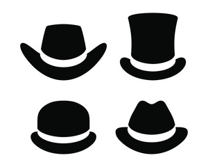 Hats graphic icons set. Cowboy hat, top hat, bowler hat, hat  black signs isolated on white background. Vector illustration
