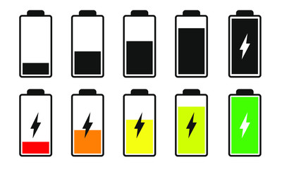 Battery charge indicator icons isolated on white background. Charging levels. Accumulator or energy signs.