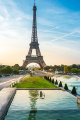 Fototapeta na wymiar PARIS, FRANCE - August 19, 2018: Eiffel Tower, nickname La dame de fer, the iron lady, The tower has become the most prominent symbol of Paris. Paris, France