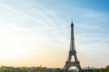 Fototapeta na wymiar PARIS, FRANCE - August 19, 2018: Eiffel Tower, nickname La dame de fer, the iron lady, The tower has become the most prominent symbol of Paris. Paris, France