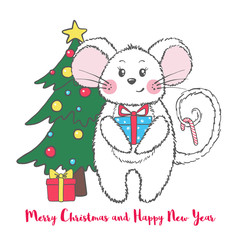 New Year and Christmas greeting card with cute mouse.