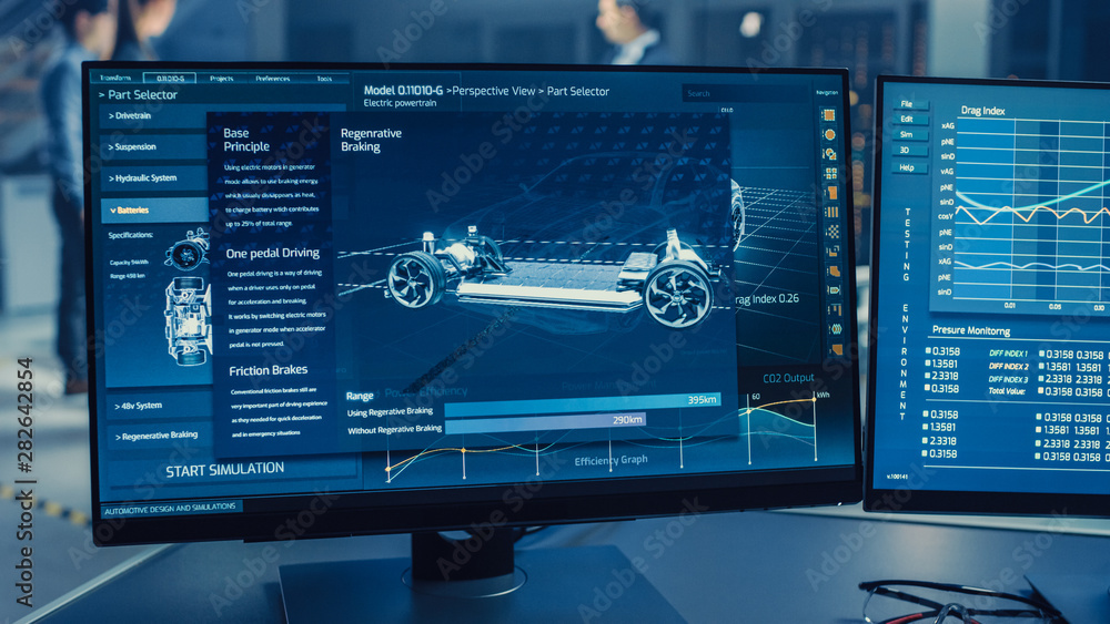 Poster professional engineer works on a computer with a 3d cad software and tests the electric car chassis 