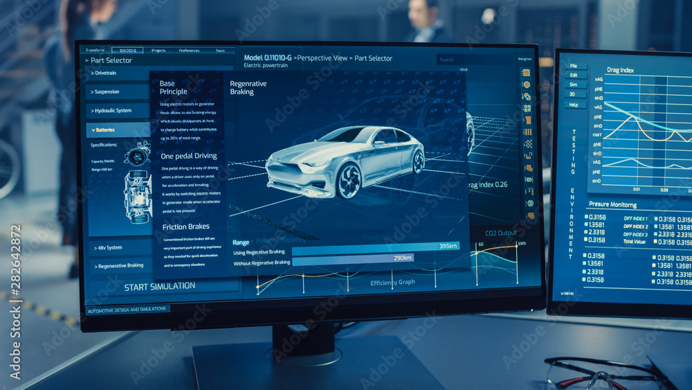 Poster professional engineer works on a computer with a 3d cad software and tests the electric car chassis 