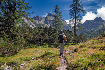 Fototapeta na wymiar A hiker walks along a path in the Friulian Dolomites, in Italy