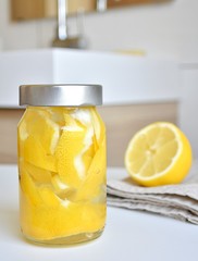 Zero waste air freshener and home cleaner with lemon peel and vinegar, eco friendly cleaning.