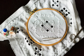 Handmade hemstitch embroidery called Hardanger on wooden hoop, metall scissors, tweezers, needle...
