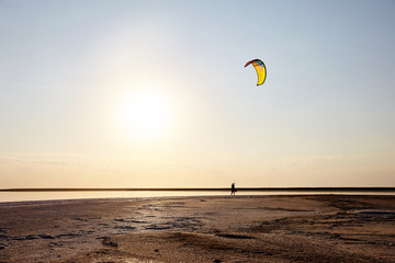 A kite against the backdrop of a sunset beach