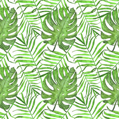 Fototapeta na wymiar watercolor palm leaves and monstera seamless pattern. Summer bright pattern of tropical leaves.