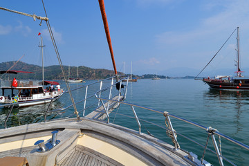 The bow of a pleasure ship that stands on a port roadstead