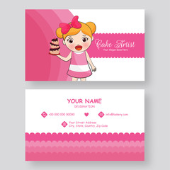 Cake Artist business card design in front and back view with cute girl presenting cake.