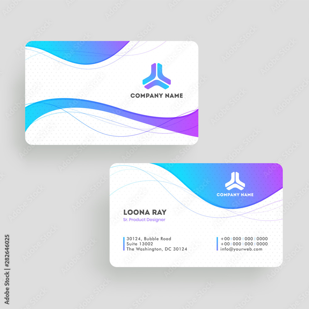 Poster front and back view of business card or visiting card design with wavy pattern.