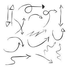 Hand-drawn simple arrows set in different direction up, down, left, right. Arrow for infographic, presentation. Collection of pointers. Isolated on white background. Vector arrows.