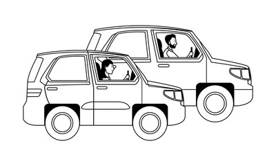 People driving vehicles in the traffic in black and white