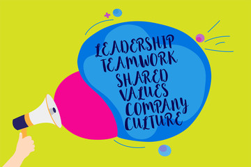 Text sign showing Leadership Teamwork Shared Values Company Culture. Conceptual photo Group Team Success Man holding Megaphone loudspeaker screaming talk colorful speech bubble