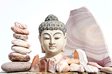 Pink Lemurian Crystals with Buddha and balancing Red Sandstone from the US Southwestern desert.  Climb the ladder toward your highest spiritual potential with the wisdom of Lemurian Crystals.
